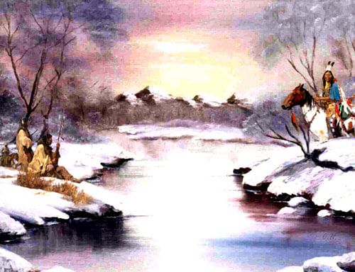 Gefrorene Überfahrt im Winter mit wartenden Indianern. Übergang