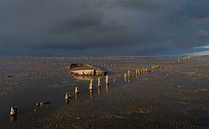 Wrack eines Kinderwagens auf dem Wattenmeer bei Wierum von Hillebrand Breuker