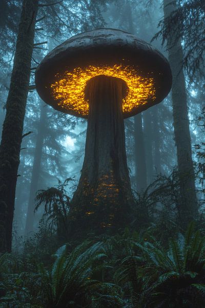 Reusachtige gloeiende paddenstoel in bos van Art & Soul Creations