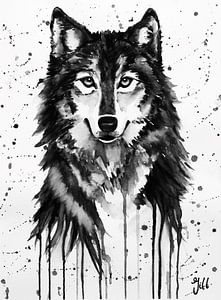 Loup aquarelle noir/blanc
