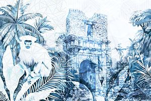 Paysage de jungle avec singe et ruine collage
