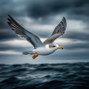 Möwe, die unter stürmischem Himmel über den Ozean fliegt