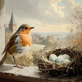 Rotkehlchen mit Nest im Turm von Emiel de Lange