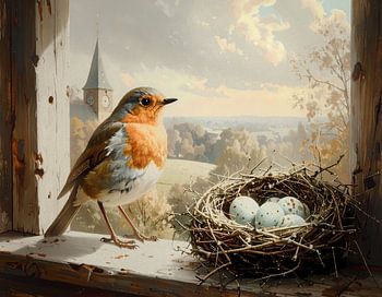 Roodborstje met nest in toren