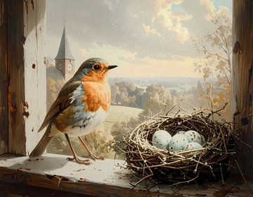 Merle avec nid dans la tour