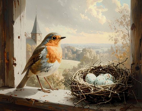 Roodborstje met nest in toren van Emiel de Lange