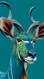 Antelope in Botanical Pattern on Turquoise Background by Eva Lee