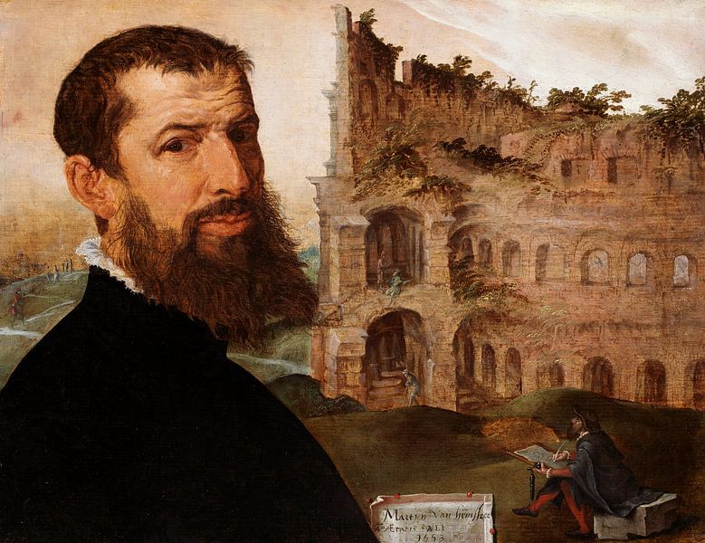 Self Portrait with the Colosseum, Rome, Maerten van Heemskerck by Masterful Masters