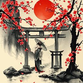 Japanese Geisha with Cherry Blossoms by MIROKKU