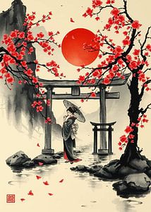 Japanische Geisha mit Kirschblüten