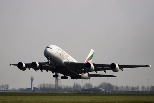 Airbus A380 takes off at Schiphol Airport