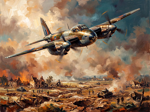 De Havilland Mosquito boven het vuur