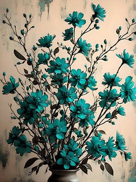 Un vase avec des fleurs bleues sur Retrotimes