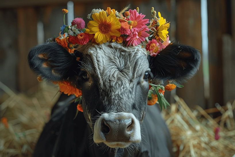 Cow portrait with sunflower wreath for rustic cosiness by Poster Art Shop