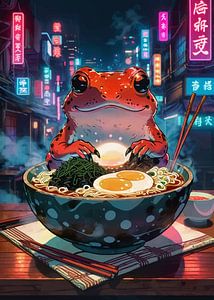 Roter Frosch in der Ramen-Schale