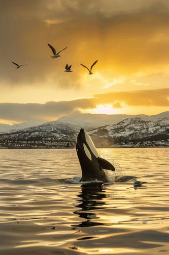 Orka in de gouden zonsondergang