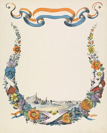 Greeting letter with garland of flowers and landscape with people near a tent, anonymous, 1829 - 188