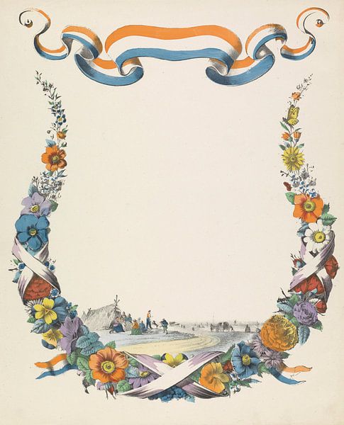 Wensbrief met bloemenkrans en landschap met mensen bij een tent, anonymous, 1829 - 1880 van Gave Meesters