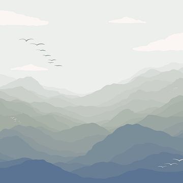 Berg uitzicht met vogels - Groen en blauw illustratie van Studio Hinte