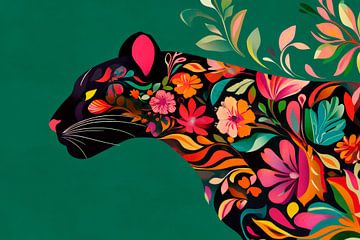 Kleurrijk silhouet van jaguar met bloemmotieven van Poster Art Shop