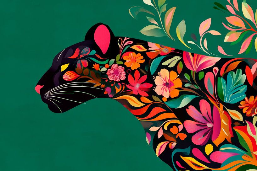 Kleurrijk silhouet van jaguar met bloemmotieven van Poster Art Shop