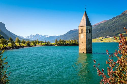 The sunken tower in the Reschensee (South Tyrol, Italy)