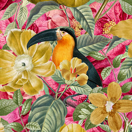 Toucan in Yellow and Pink Garden von Marja van den Hurk