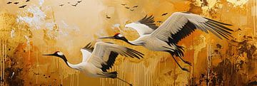 Vliegende kraanvogels panorama schilderij van Digitale Schilderijen