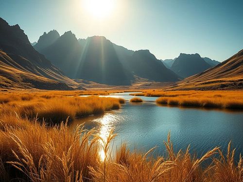Een majestueus bergmeer dat de warme omhelzing van de zon weerspiegelt te midden van herfstige graslanden