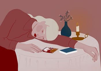 Peinzende vrouw bij kaarslicht