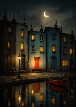 Melancholic Gothic Nightscape – Quiet Harbor Houses Under a Crescent Moon
