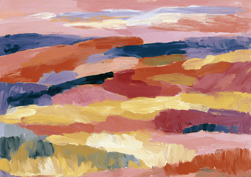 Abstract landscape with warm layers of colour in pink and ochre