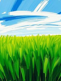 Golden Hour Meadow: Ein lebendiges, impressionistisches Feld mit grünem Gras unter einem weiten blauen Himmel