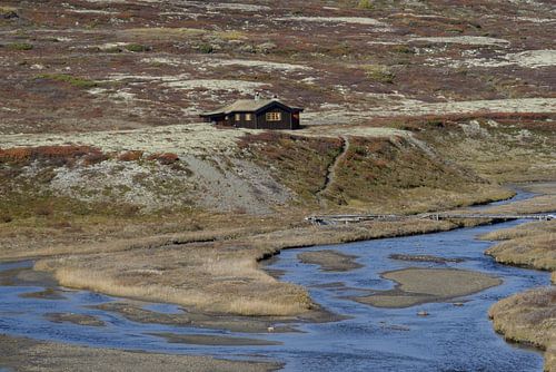 Norwegian mountain landscape with farmyard