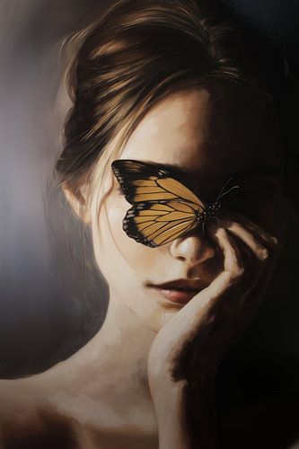 Vrouwenportret met vlinder in aardetinten