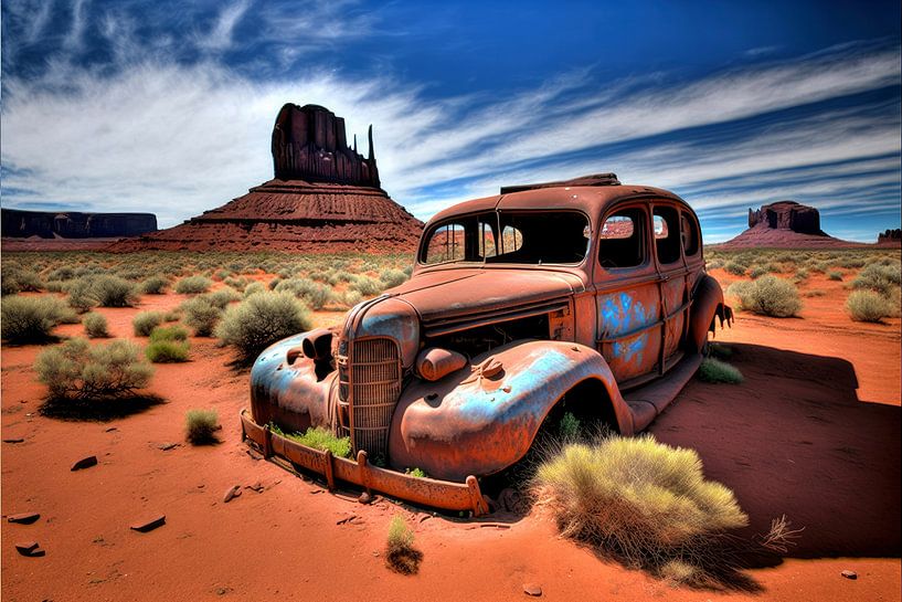 Die Pracht des Monument Valley trifft auf die Verwahrlosung eines verrosteten Autos von Vlindertuin Art