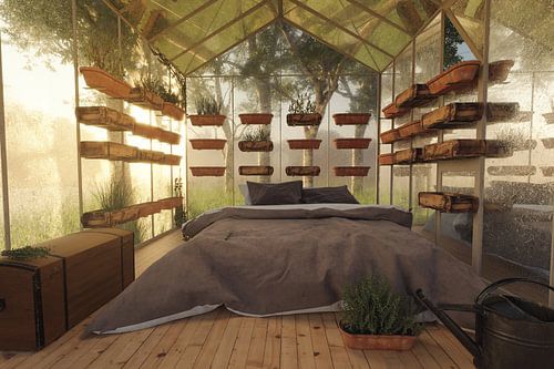 Gezellig bed naast de kruidenplanten in de glazen kas