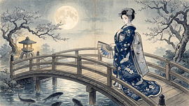 Mondhelle Ruhe: Eine elegante Geisha schreitet über eine blühende Gartenbrücke von my pixel art