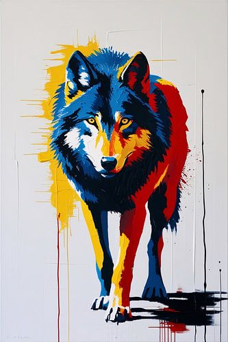 Peinture abstraite colorée représentant un loup