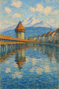 Reflexionen von Luzern - Die Kapellbrücke bei Sonnenaufgang