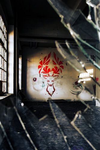 Broken perspectives - red deer graffiti in an abandoned hall