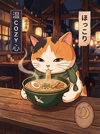Gemütliches japanisches Ramen-Restaurant mit Katze – niedliche dreifarbige Katze – Nudelrestaurant – Anime-Ästhetik – Illustration von The Deeper Way