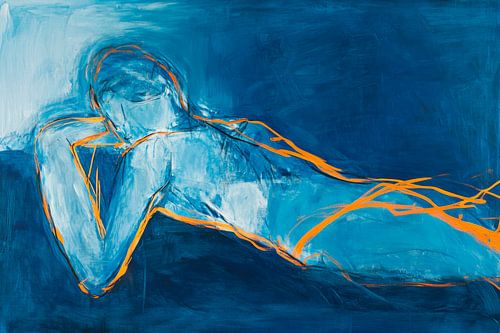 Liggende figuur in blauw en oranje