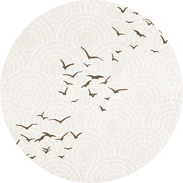 Japandi. Abstract landschap in sepia bruin met vogels op Japans bullseye patroon. van Dina Dankers