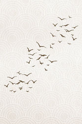 Japandi. Abstract landschap in sepia bruin met vogels op Japans bullseye patroon.