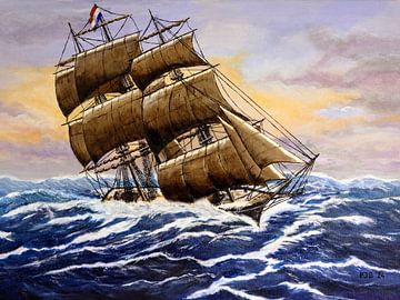 Zeilschip. Hollands glorie op een woelige zee. van Pieter Johannes Schenk