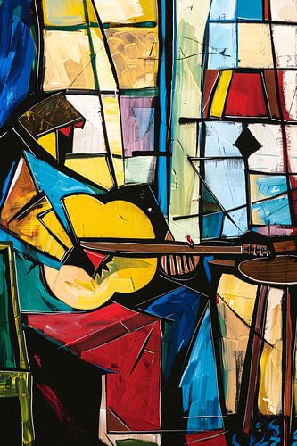 Kubistische Gitarist in Kleurrijk Interieur