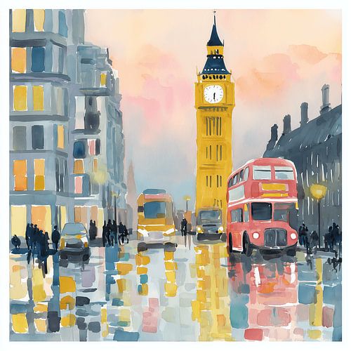 Aquarelle représentant Londres – Big Ben et un bus à impériale sur Niphion Art