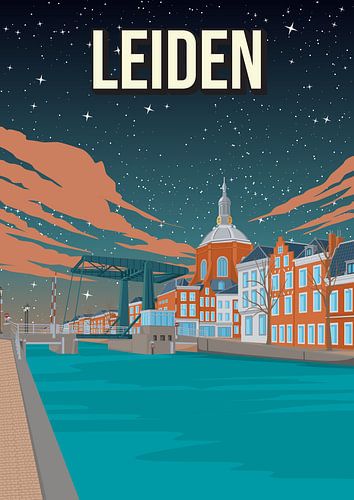 Leiden: Sfeervolle poster van de grachten bij nacht