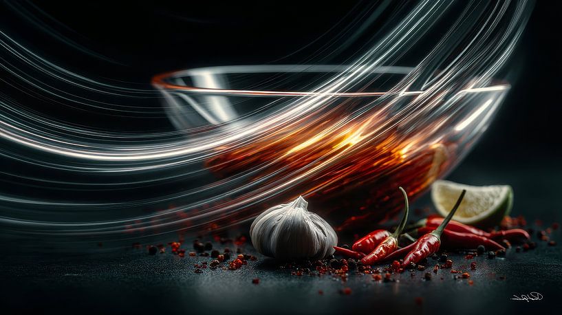 rote Paprika - Knoblauch - Limette - Zitrone auf schwarzem Hintergrund mit dramatischem Licht von Gelissen Artworks